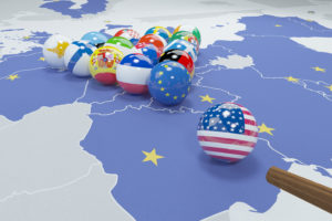 3D illustration of eu and usa flags on the pool table 2