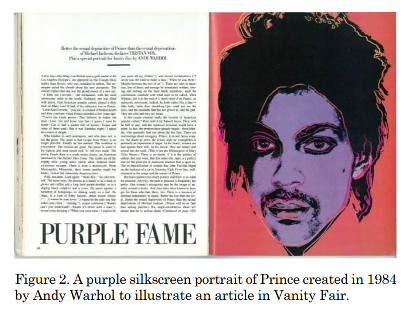 A purple silkscreen portrait of Prince created in 1984 by Andy Warhol to illustrate an article in Vanity Fair